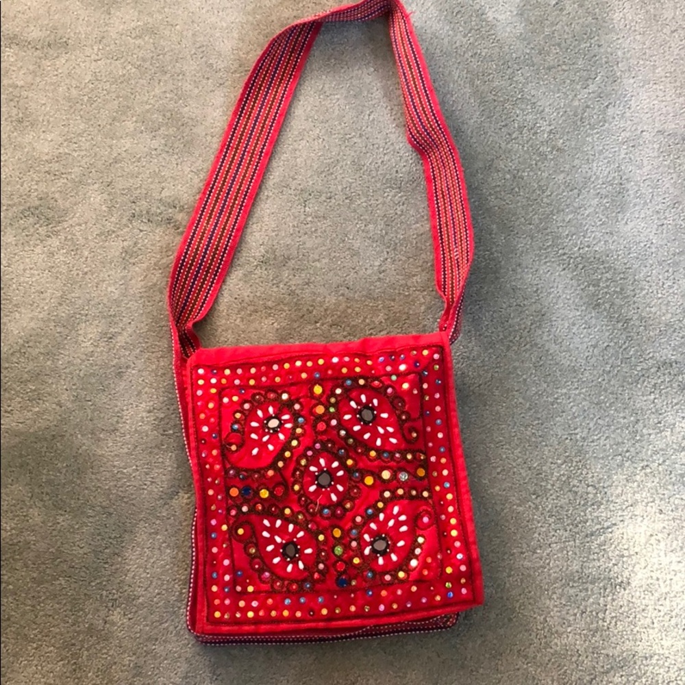 Red Cotton Mirror Work Shoulder Bag India Boho Embroidered 2 Pouches
